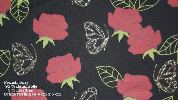 French Terry geraut Rosen mit Glitzer Schmetterling Grau oder Schwarz